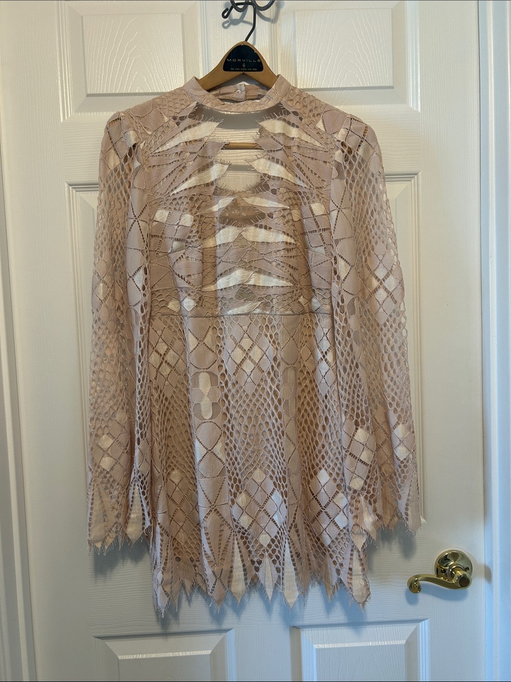 Free People Blush Beige Lace High-Neck Long Sleeve Top